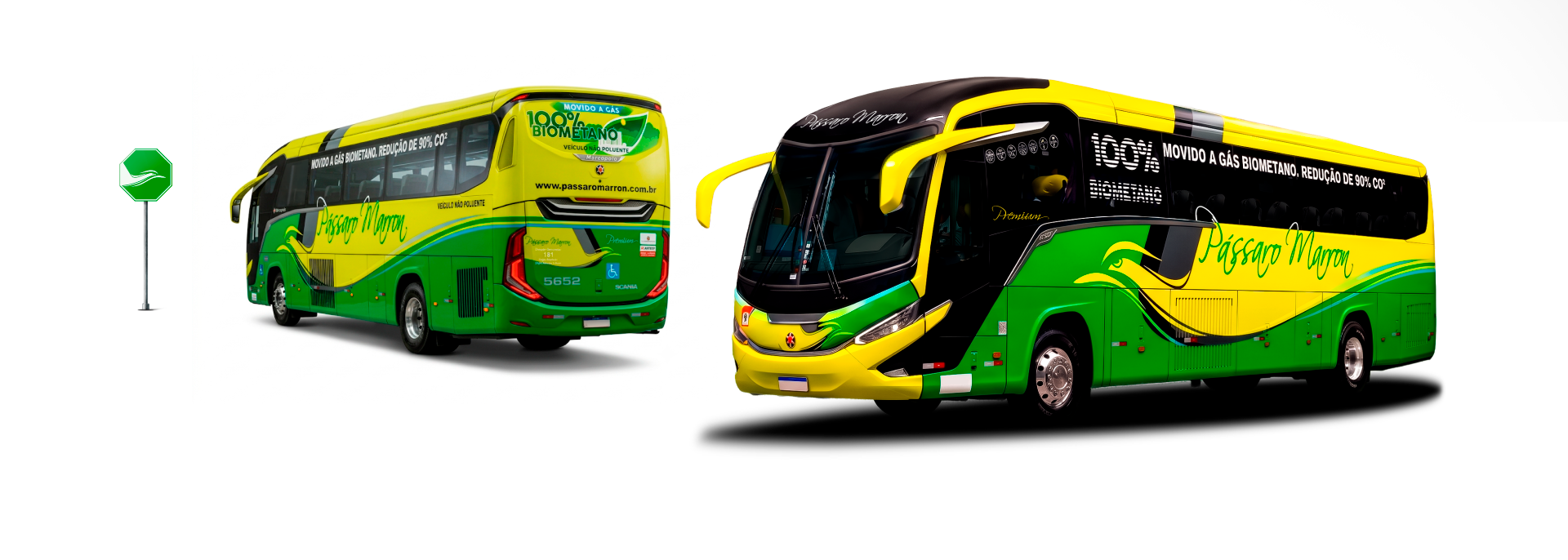 Ônibus da Pássaro Marron 100% movido a biometano em vistas frontal e traseira, destacando tecnologia sustentável e redução das emissões de CO₂.
